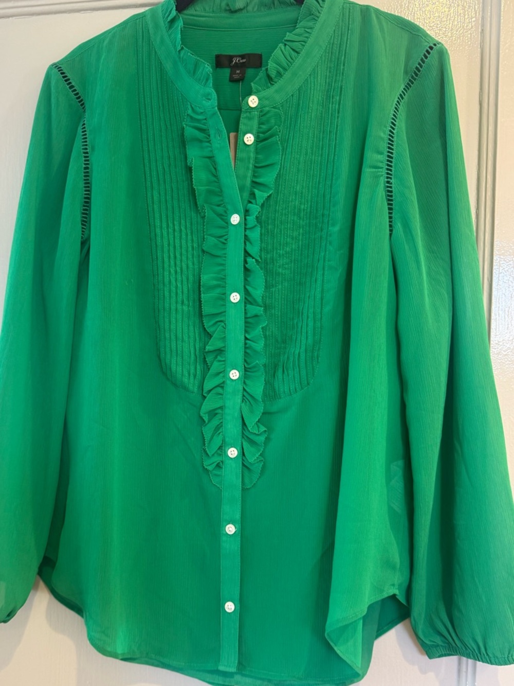 J CREW Green Ruffle front tuxedo Button Down Blouse Size Medium NWT